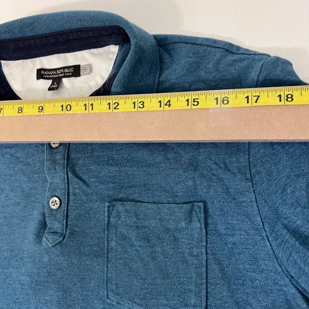 Banana Republic Performance Pique Polo L Blue Short Sleeve Chest Pocket Stretch
